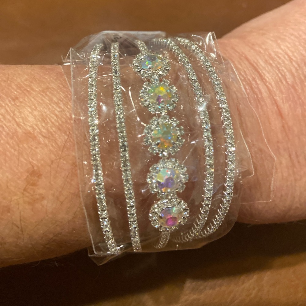 Elegant Silvertone Rhinestone cuff Bracelet with Opalescent Accents